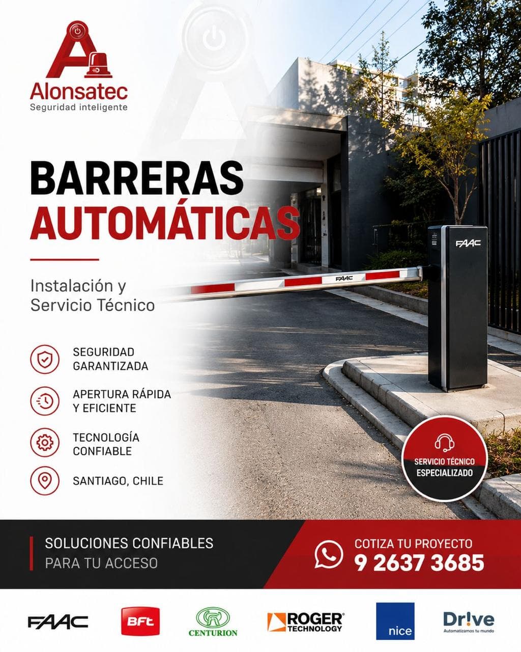 Barrera automática FAAC instalada en acceso residencial, Santiago